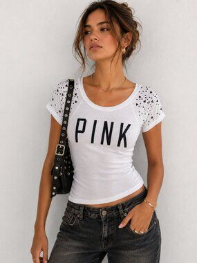 NWT Victoria’s Secret PINK Studded Logo Tee White XS Y2K Casual Glam